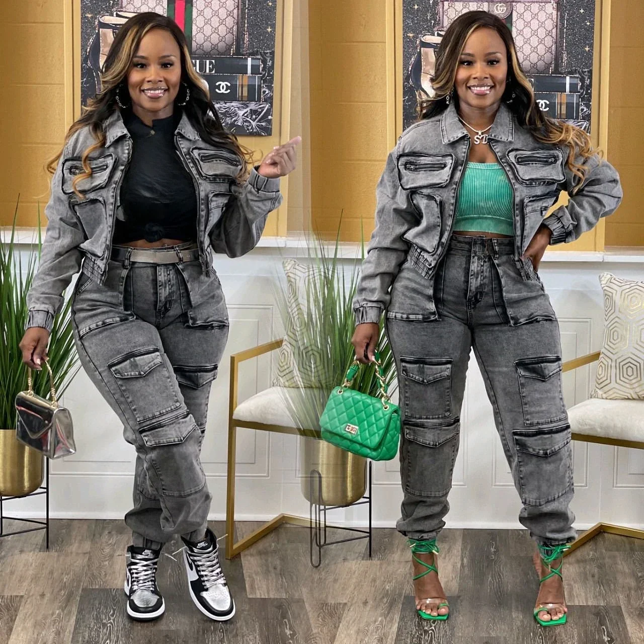 

Pant Sets Long Sleeve Women Tracksuit Zipper Denim Coat Cargo Ankle Length Pants Pockets High Street Spliced Slim 2024
