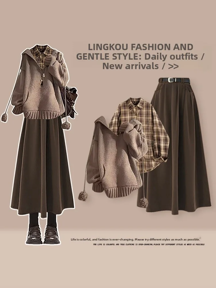 

Large Size Autumn Winter College Style Knitted Hat Women's Anti-Aging Set with Plaid Shirt Korean Style Skirt Three Piec...