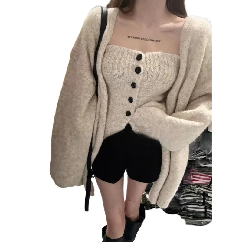 Sexy Tube Top Cardigan Women's Autumn and Winter New Gentle Soft Waxy Lazy Wind Sweater-2 PCS SET