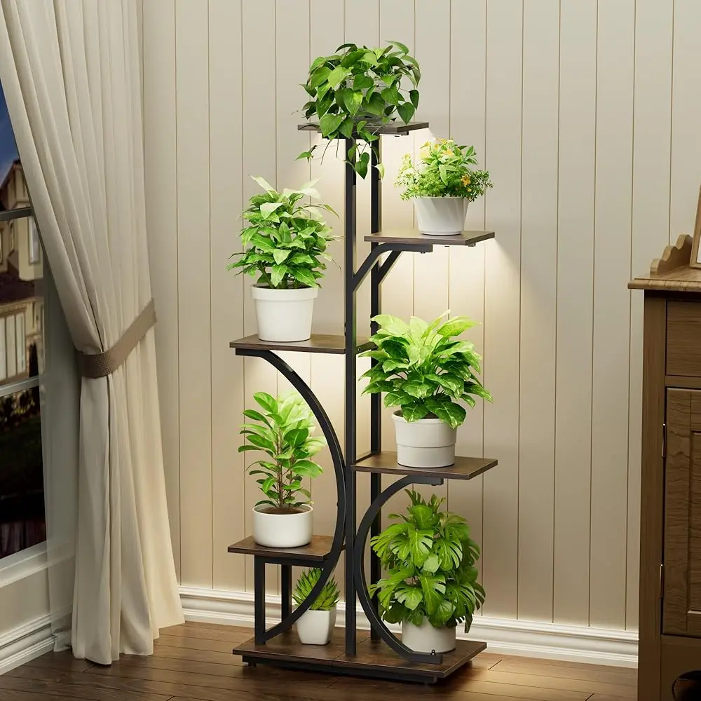 

Plant Stand With Grow Lights Indoor, 6 Tiered Plant Shelf, 45"" Corner Display Storage Shelf, Curved Design Flower Stand For
