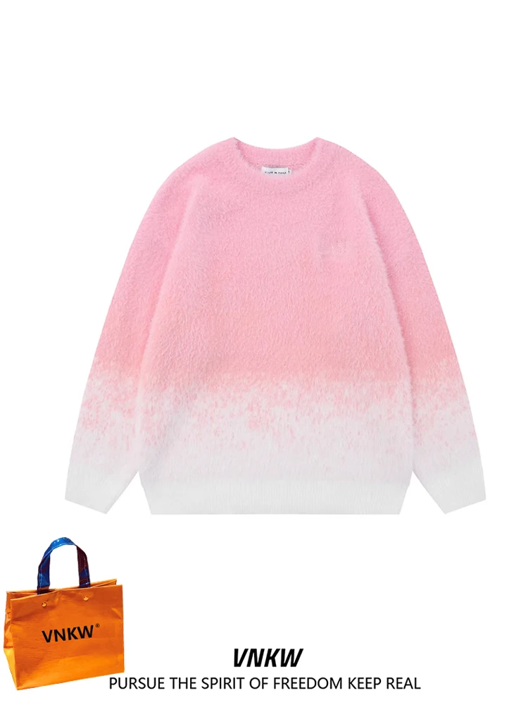 

Мужской вязаный свитер свободного кроя в американском стиле, ретро, однотонный, с круглым вырезом, для пар, зимний, повседневный...