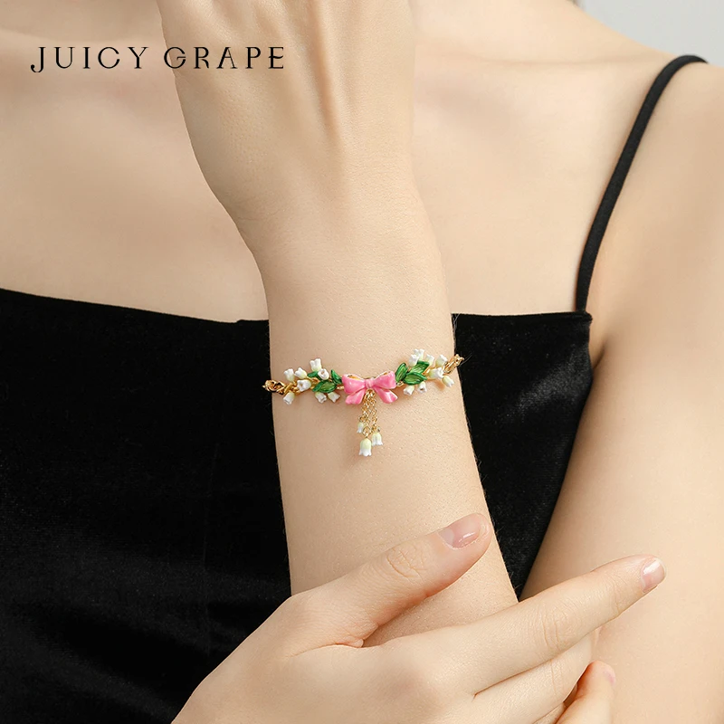 JUICY GRAPE 18K Gold-Plated Pink Bow Bellflower Bracelet Half Bangle Bracelet French Style Gift for Girlfriends or Best Friends