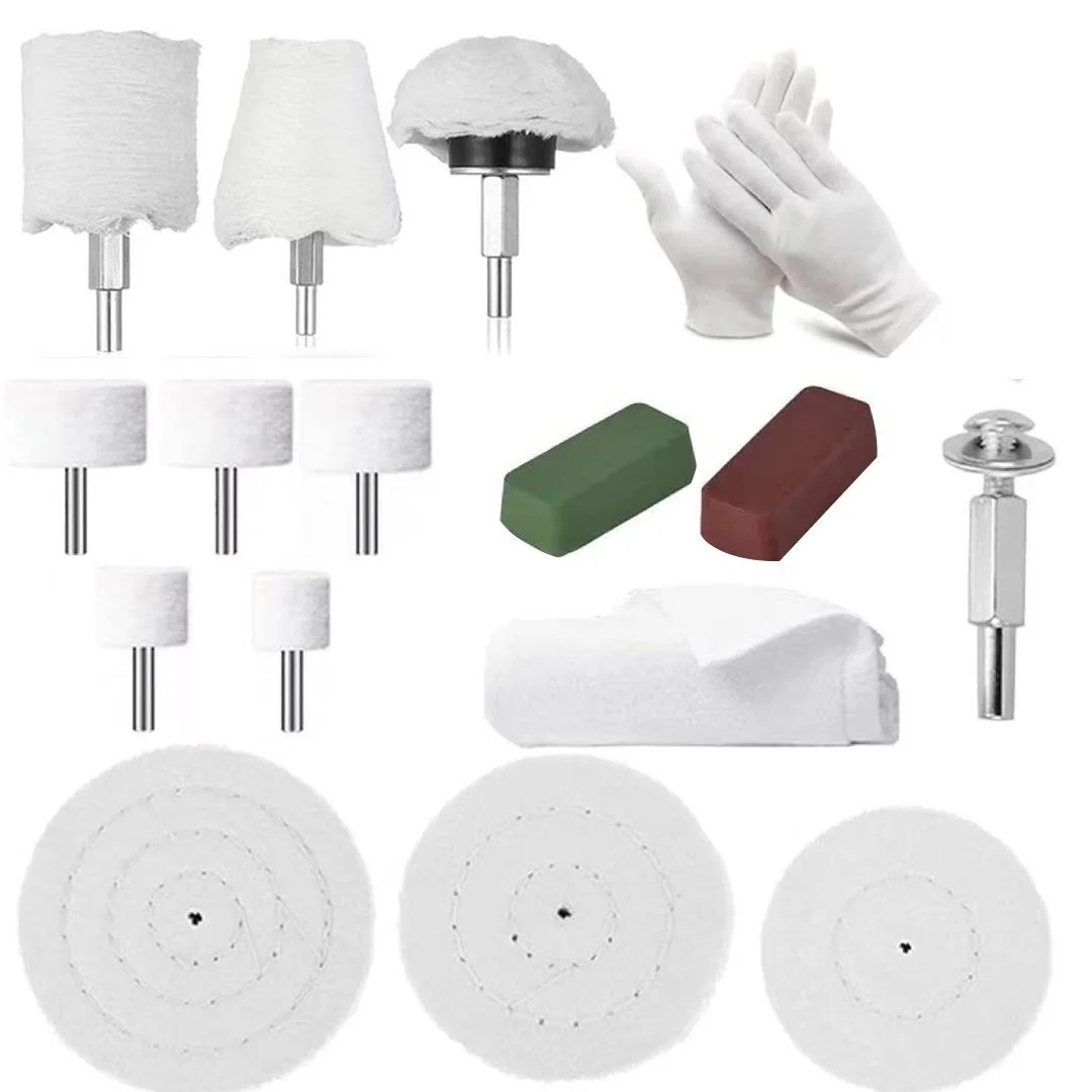 Cotton Buffing Wheel Set 16 Piece with 12 Wheels 2 Compound Bars Polishing Ball and Gloves for Metal and Auto Detailing Tasks