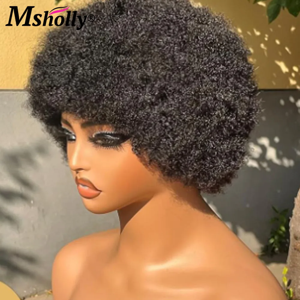 Kurze afro verworrene lockige Pixie Cut Perücken Bob Perücke malaysische schwarz gefärbte Echthaar Perücken volle Maschine gemacht Remy Haar für Frauen