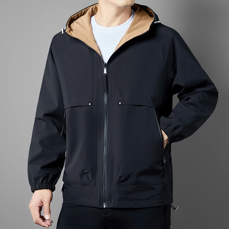 Casual Men's Double Sided Wearable Hooded Jacket 2025 Spring Autumn Windproof Loose Solid Color Outdoor Coat Zipper Top Clothing