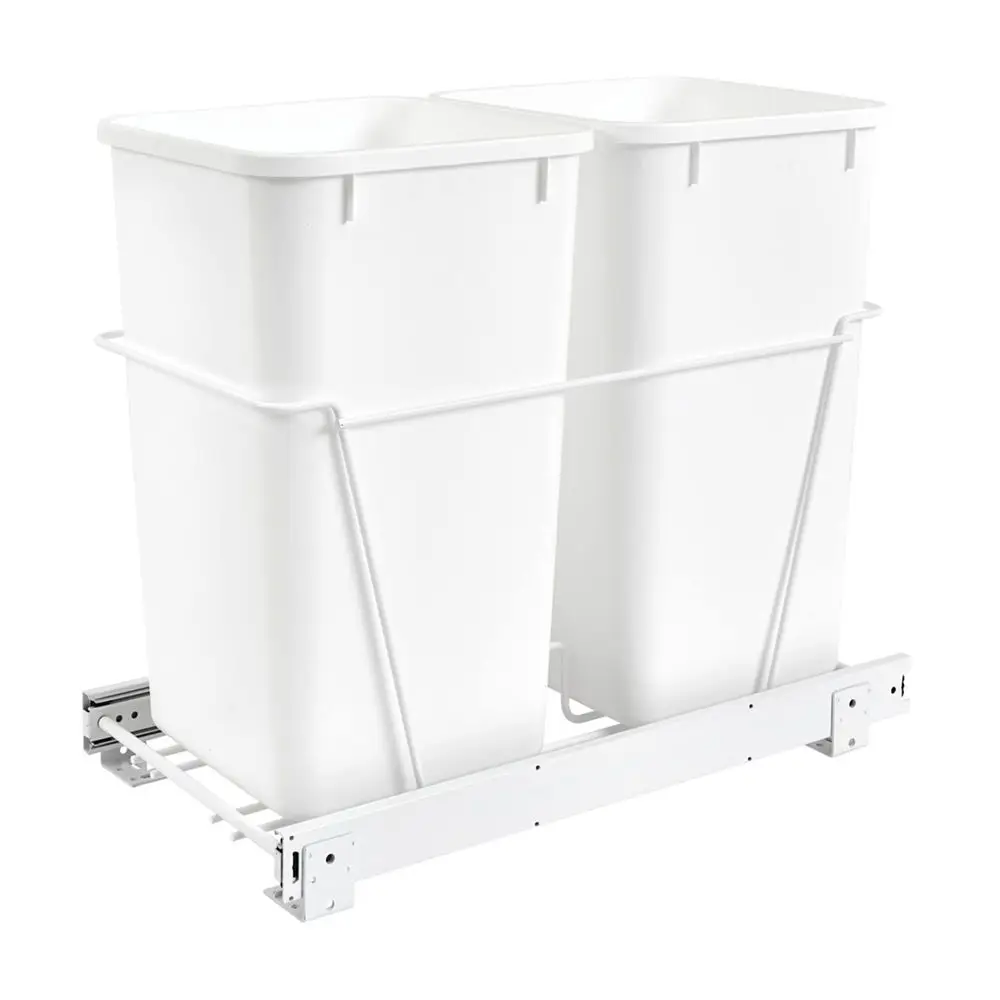 

Double 27 Qt Pull Out Chrome Wire Trash Can Container Bin Bottom Mount for Kitchen Cabinet with FullExtension Slides, White, RV