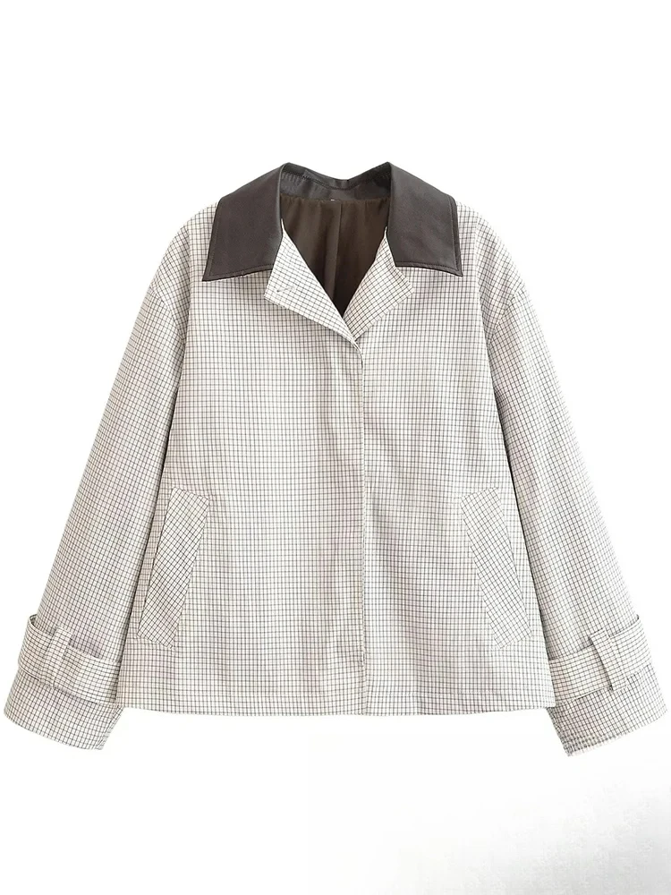 

KONDALA повседневное шикарное женское короткое пальто в стиле пэчворк в клетку, однобортное длинное пальто с отложным воротником, модное осеннее пальто 2025 г.