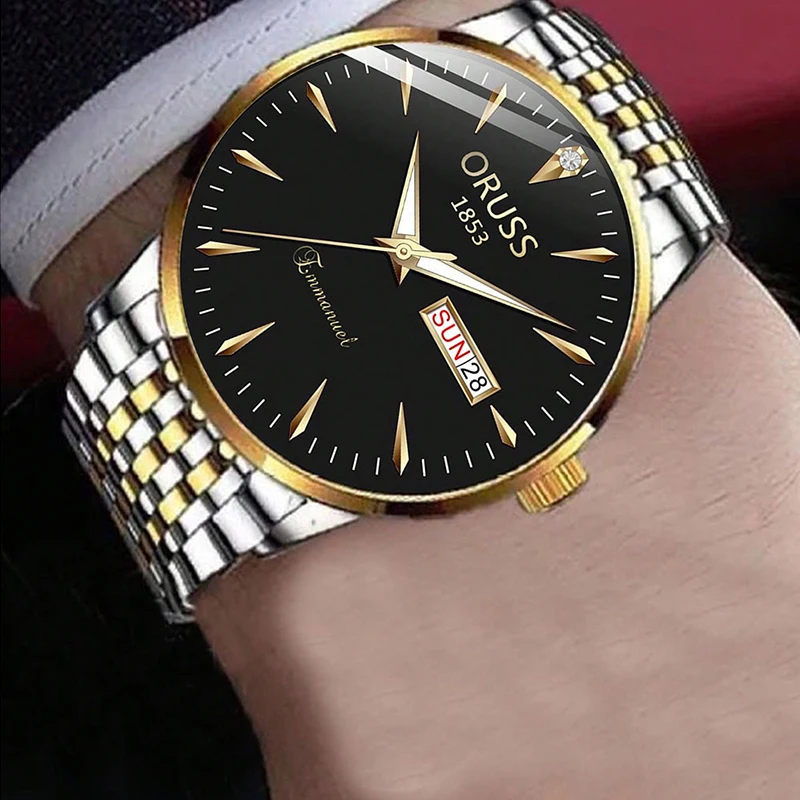 ORUSS, relojes de cuarzo nuevos de lujo para hombre, puntero luminoso, fecha semanal, reloj de negocios de moda de acero inoxidable resistente al agua para hombre