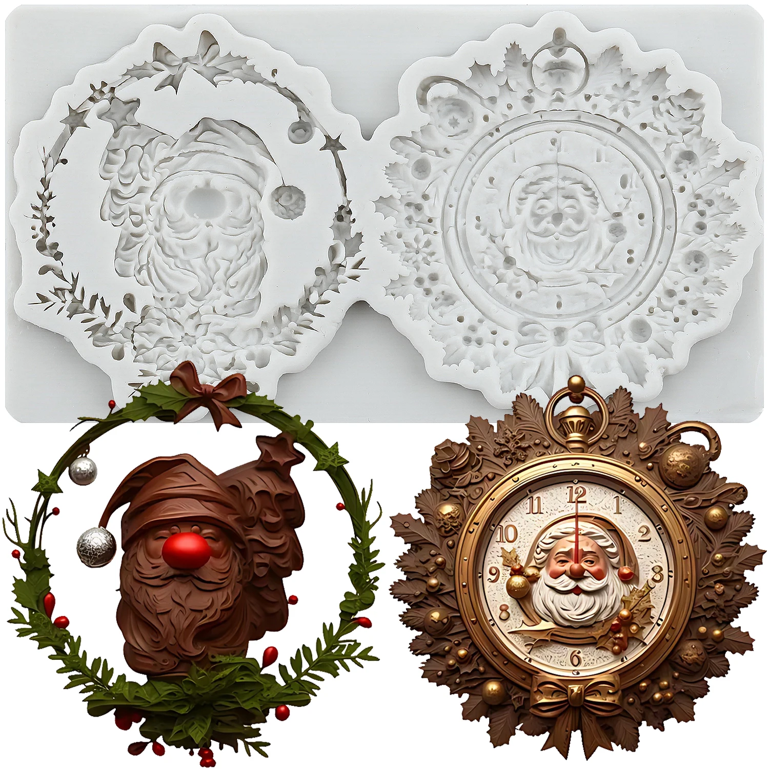 Santa Claus Clock Silicone Molds Santa Claus Wreath Fondant Cake Decorating Tools Cupcake Topper Chocolate Candy Resin Mold