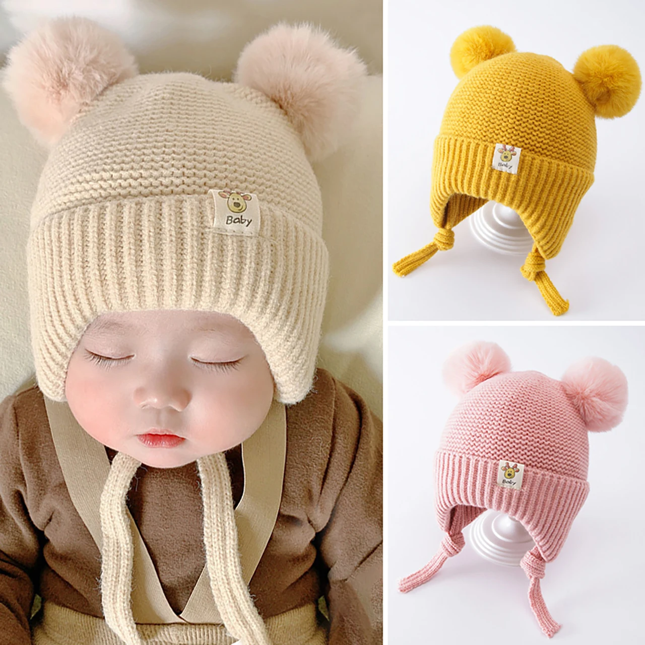 

Милая детская шапка с двойным помпоном, зимняя теплая вязаная шапка для защиты ушей для мальчиков и девочек, шапочка-наушники с утолщенной подкладкой для малышей
