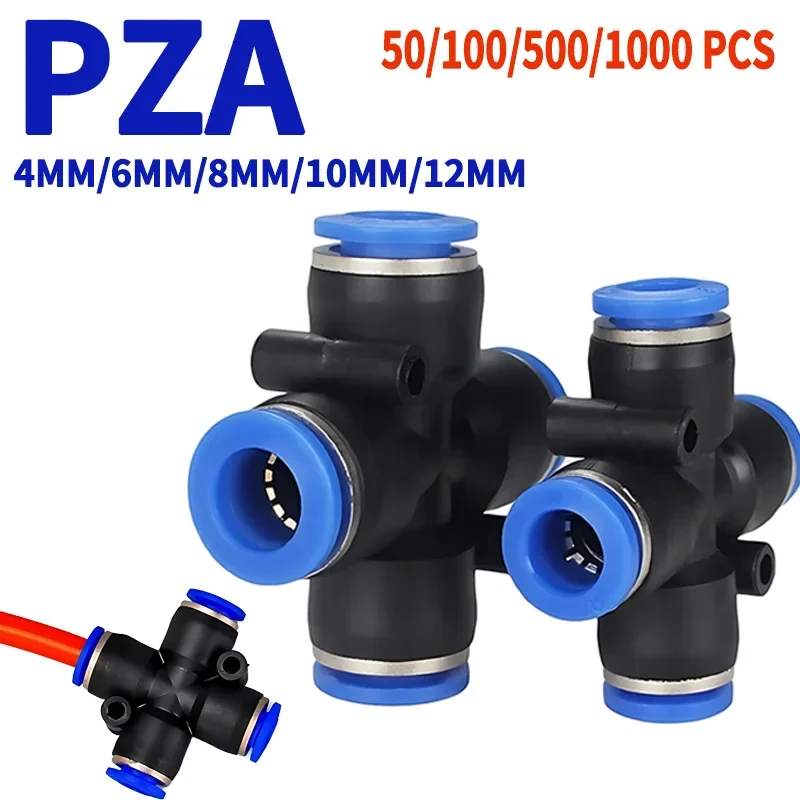 

50/100/500/1000Pcs PZA Pneumatic Quick Plug Fitting - PZA-4/6/8/10/12mm - Four-Way Quick Connector for Air Compressor PU Pipe