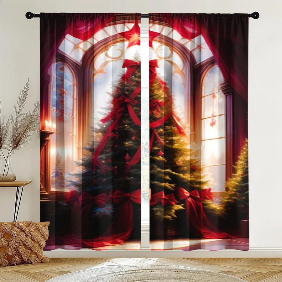 2PCS Christmas Winter Curtains, Red Ribbon Christmas Tree Arch, Digital Print, Bedroom Living Room, Home Decor Window Drapes