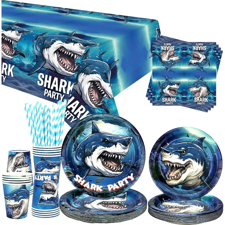

Принадлежности для вечеринок в виде акулы, посуда для вечеринки в стиле акулы, обеденные тарелки, десертные тарелки, чашки, карнзы, чехол в виде акулы, соломинки для мальчика, океан