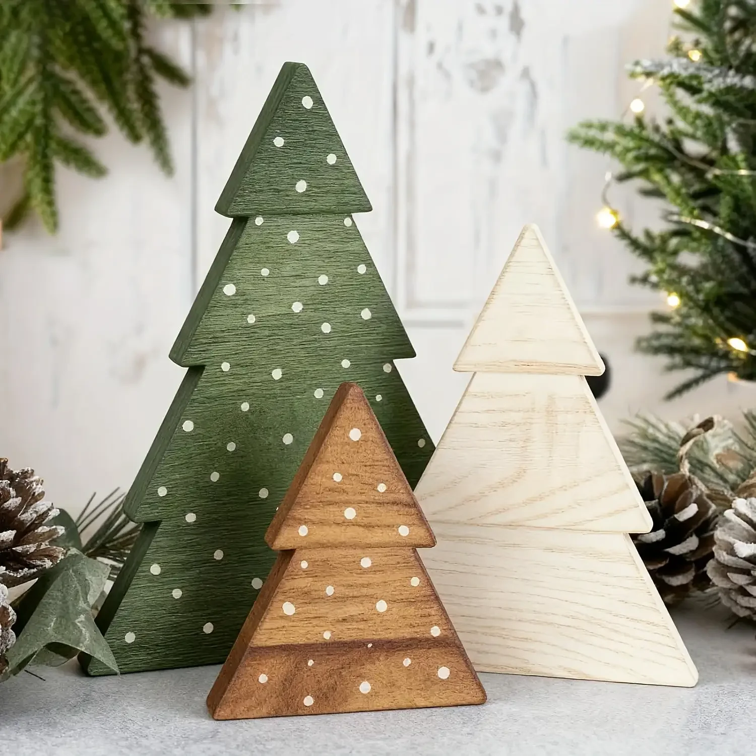 EARLIGROW 3 Pcs Christmas Decorations Rustic Farmhouse Wood Christmas Trees Neutral Tabletop Tree Signs Decor Freestanding Xmas Wooden Decorations For Fireplace, Mantle, Shelf, Home, Office