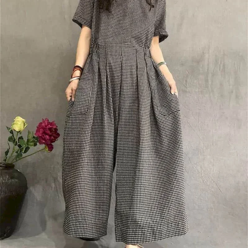 Jumpsuits Women Cotton Linen Short Sleeve Playsuits One Piece Outfit Women Lace-up High Waist Wide Leg Pants Overalls for Women