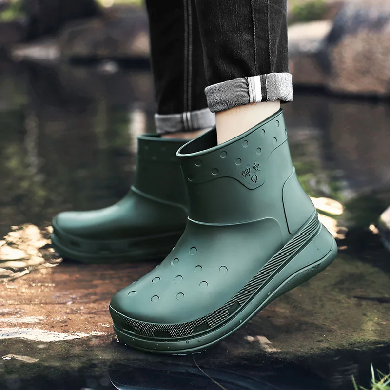 STRONGSHEN Men Rain Boots Fashion Platform Waterproof Anti-skid Work Chef Shoes Men Slip-on Light Fishing Shoes Male Sneakers