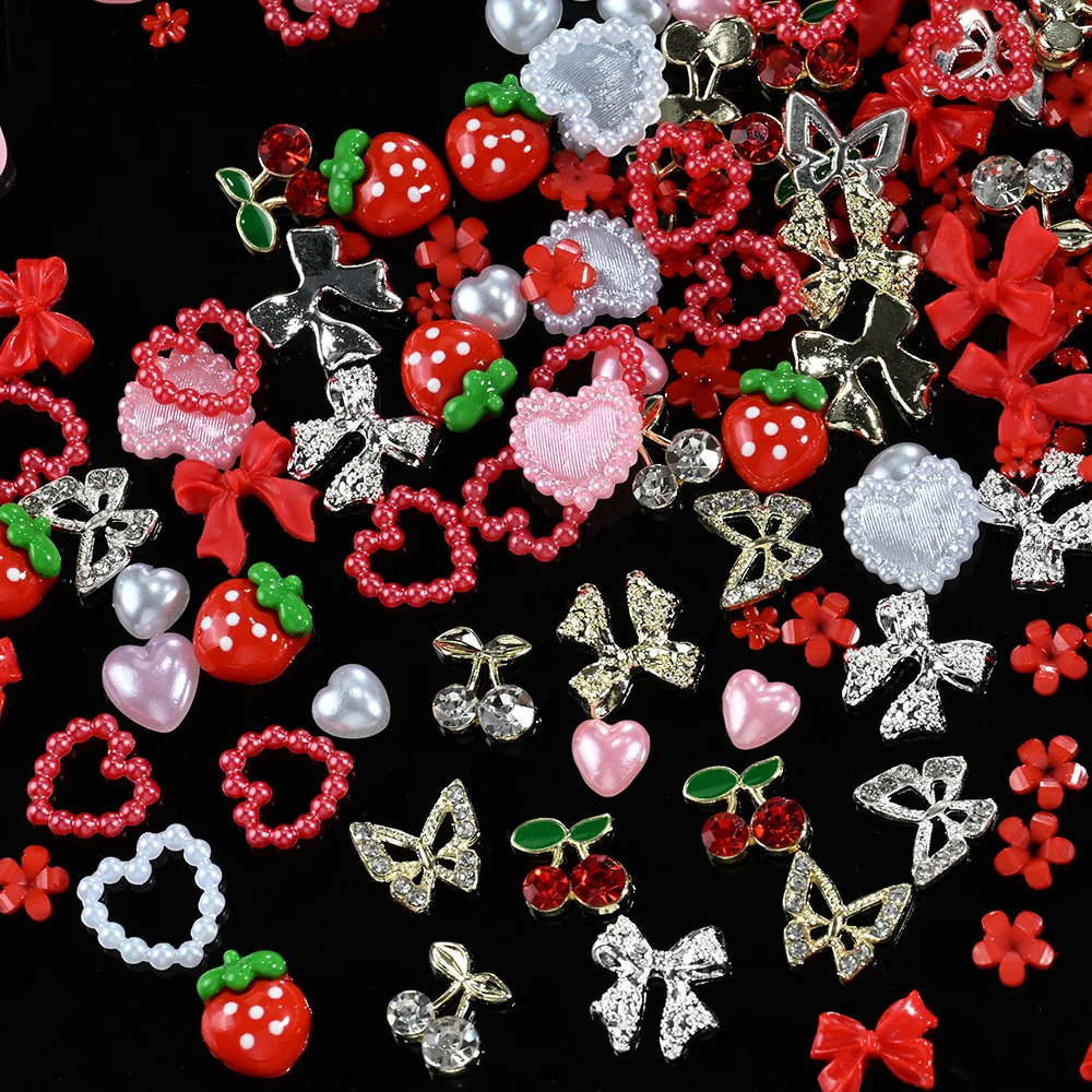 12Girds/Box Y2K Hello Kitty Nagelaccessoires Strik/Kers/Bloem Nail Gem Charms Kawaii Gemengde Manicure DlY Nagelonderdelen voor meisje