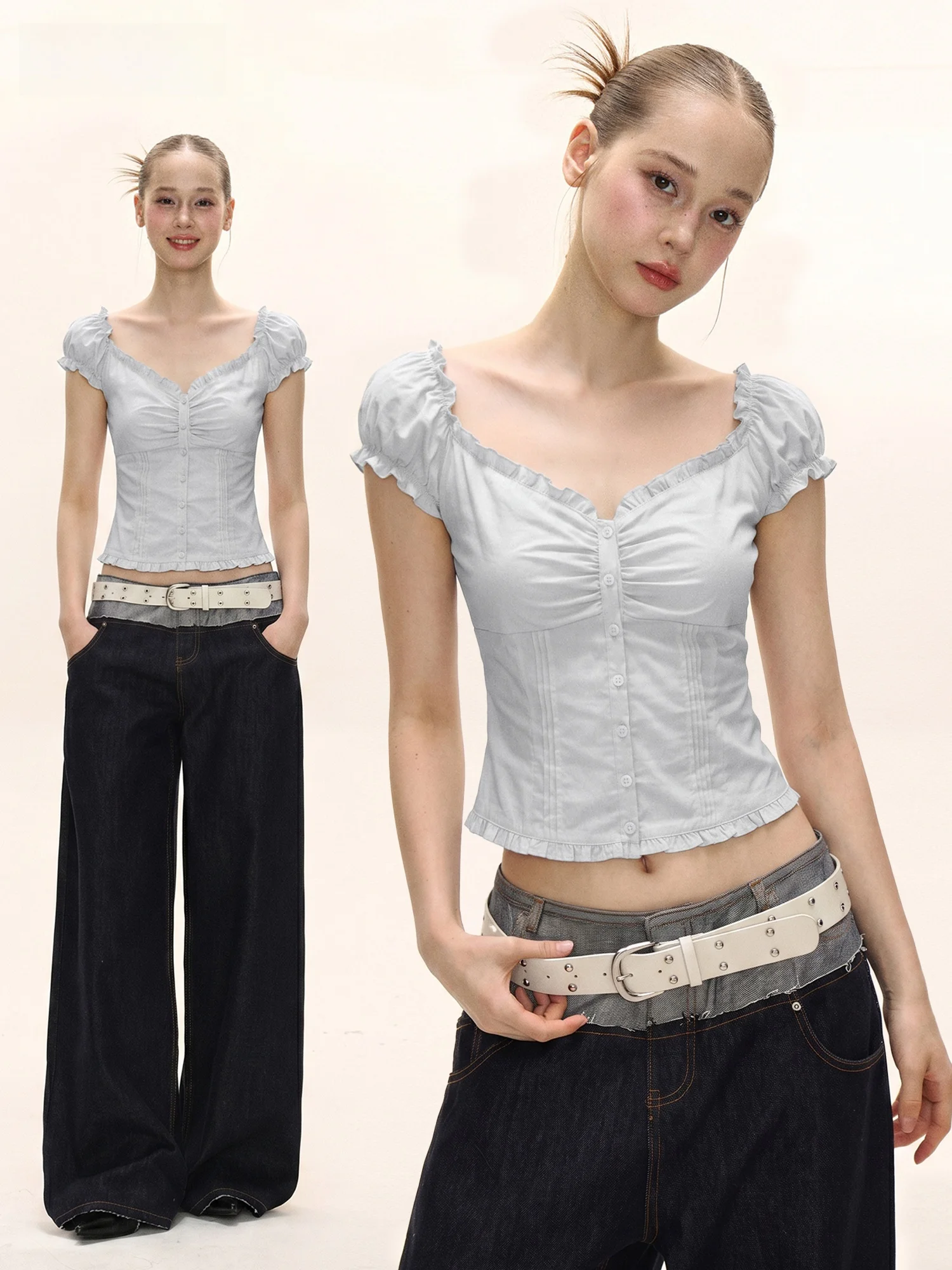 

Sweet Spicy November Short Sleeve Shirt Women's Summer Design Bubble Sleeve Pleated Slim Fit One Shoulder Short Length Shirt