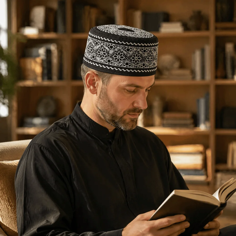 Embroidered Design Embroidered Kufi Hat Flat Top Shape Black with White Embroidery Pattern Prayer Hat Head Circumference 57cm