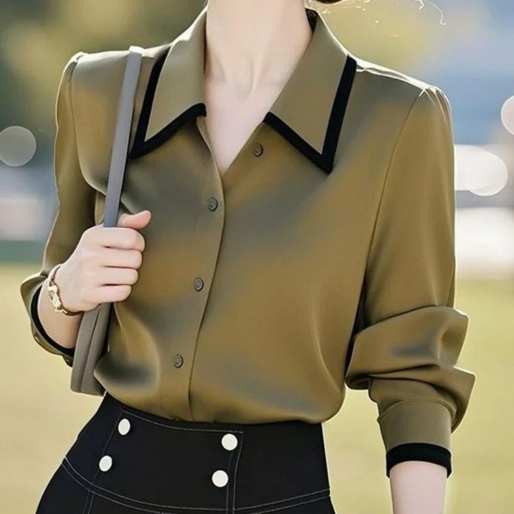 Ele Olive und Silk irt Damen Long Sve Umlegekragen Pendeln Profional Layering irt Frühling Herbst Sle