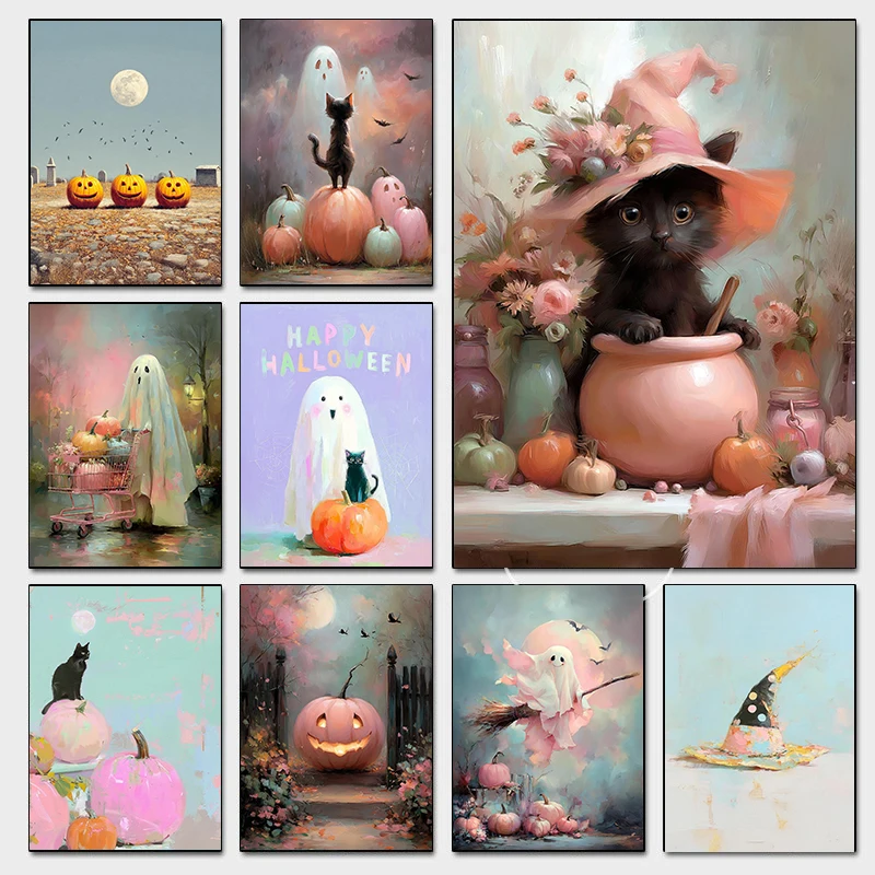 Pósteres de Halloween encantados de cuento de hadas espeluznante, calabazas de gato negro fantasma, impresiones de jardín, pintura en lienzo, cuadro de pared, decoración de la habitación del hogar