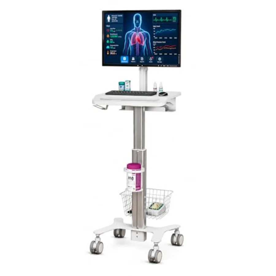 Medical trolley cart for hospital clinic dental office home office: steel, white, height adjustable mobile workstation with mon