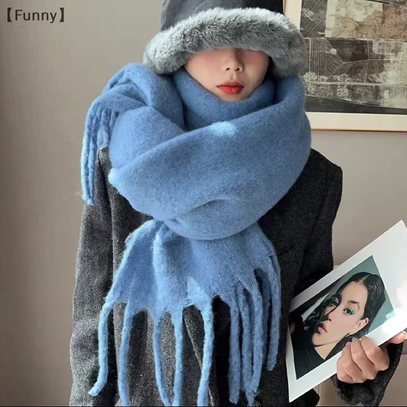 

〔Funny〕Plaid Solid Color Scarf Women's Winter Thick Imitation Cashmere Shawl Korean Style Warm Neck Scarf