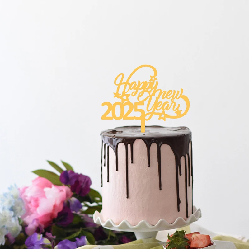 2025 Happy New Year's Golden Cake Insert Glitter Party Dessert Decoration Christmas New Year Party Acrylic Cake Inserts