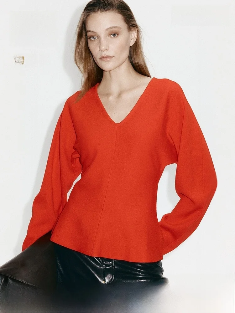 

Женский вязаный свитер H&M, весна 2026, приталенный, с V-образным вырезом, из смесовой шерсти, красный, в стиле «тихой роскоши», повседневный, модный