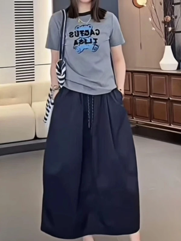 

High Waist Midi Skirt Women's Loose Slimming A-Line Skirt Japanese Sle plus Size Casual Commute Artistic ape