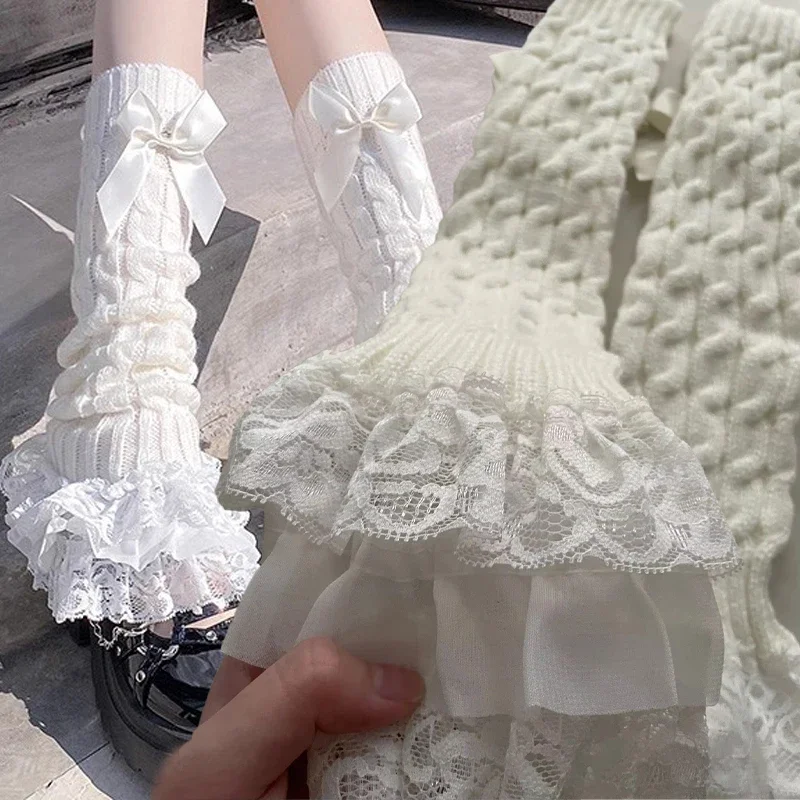 Coréen doux filles dentelle jambières tricoté couvre-pied femmes filles Style Lolita solide automne hiver élastique Tube chaussettes avec arc