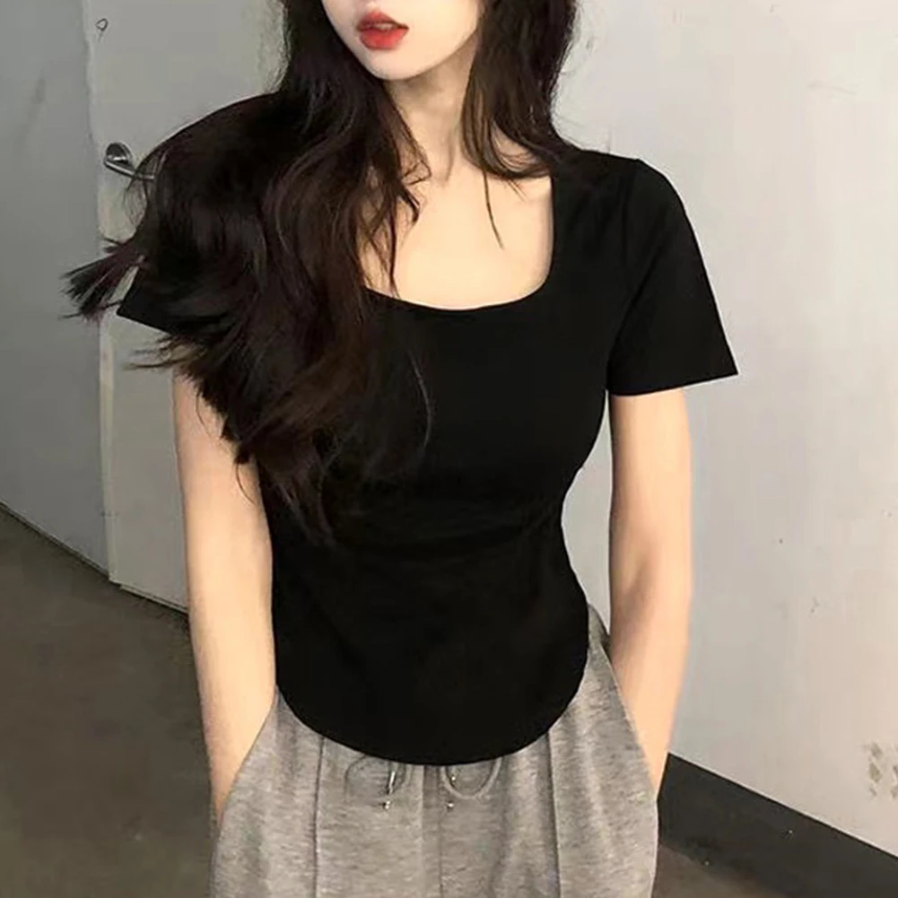 

Casual Everyday Wear Short Sleeve Top Polyester Top Fashion Basic T-shirt For Women Daily Wear Black Square Collar
