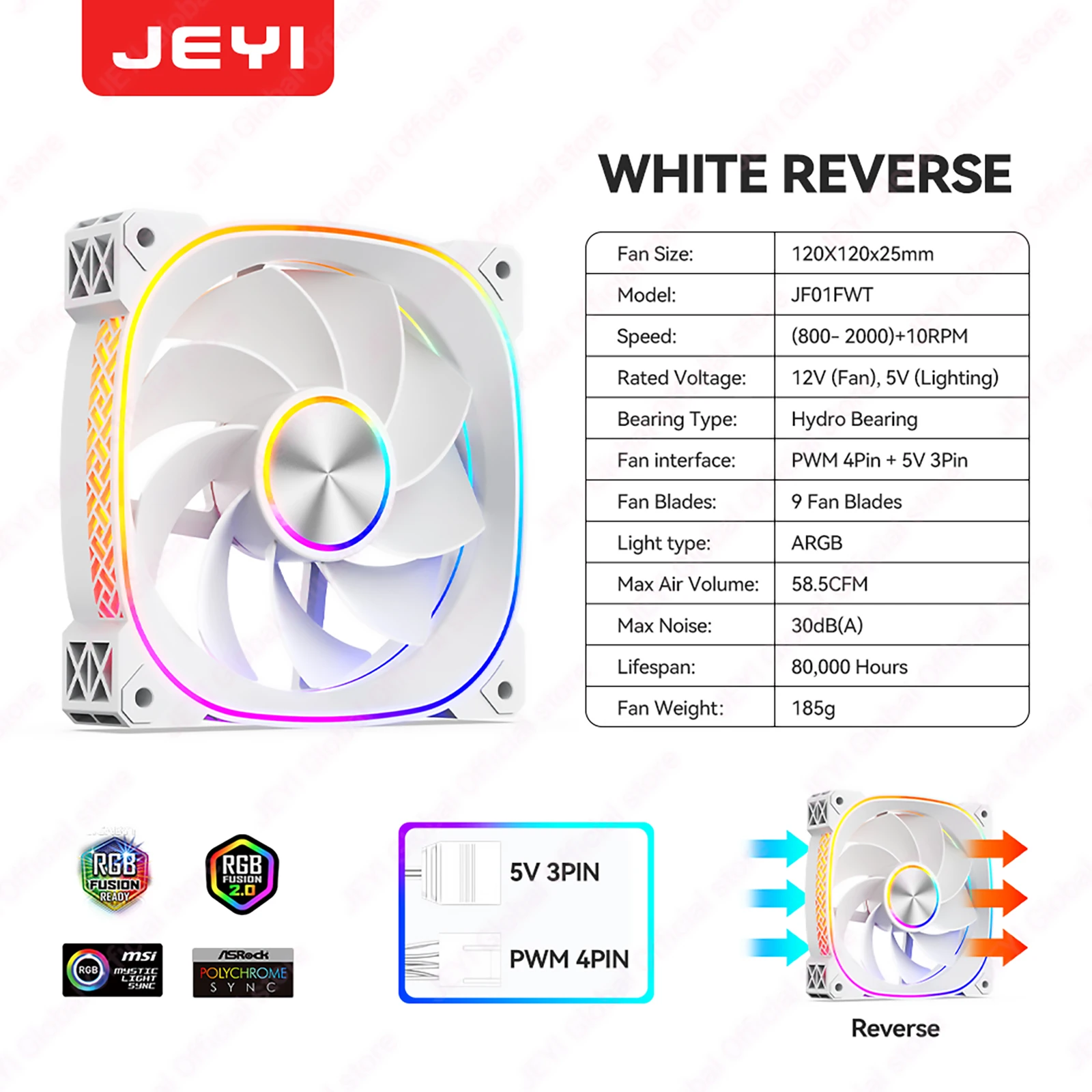 JEYI 120MM PC-ventilator ARGB koelventilator PWM ventilatoren 30dB(A) geluidsarme Divine Light synchrone 5V3Pin kastkoeler ventilator voor gaming PC-kast