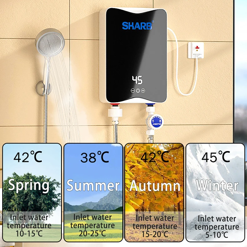 110V 220V Instant Water Heater Kitchen Bathroom Mini Wall Mounted Electric Water Heater LCD Temperature Display with Shower Set