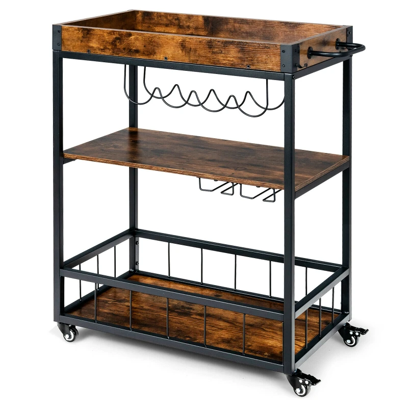 Costway 3-Tier Rolling Kitchen Bar Cart Serving Trolley Wine Rack Removable Tray  KC53627BN