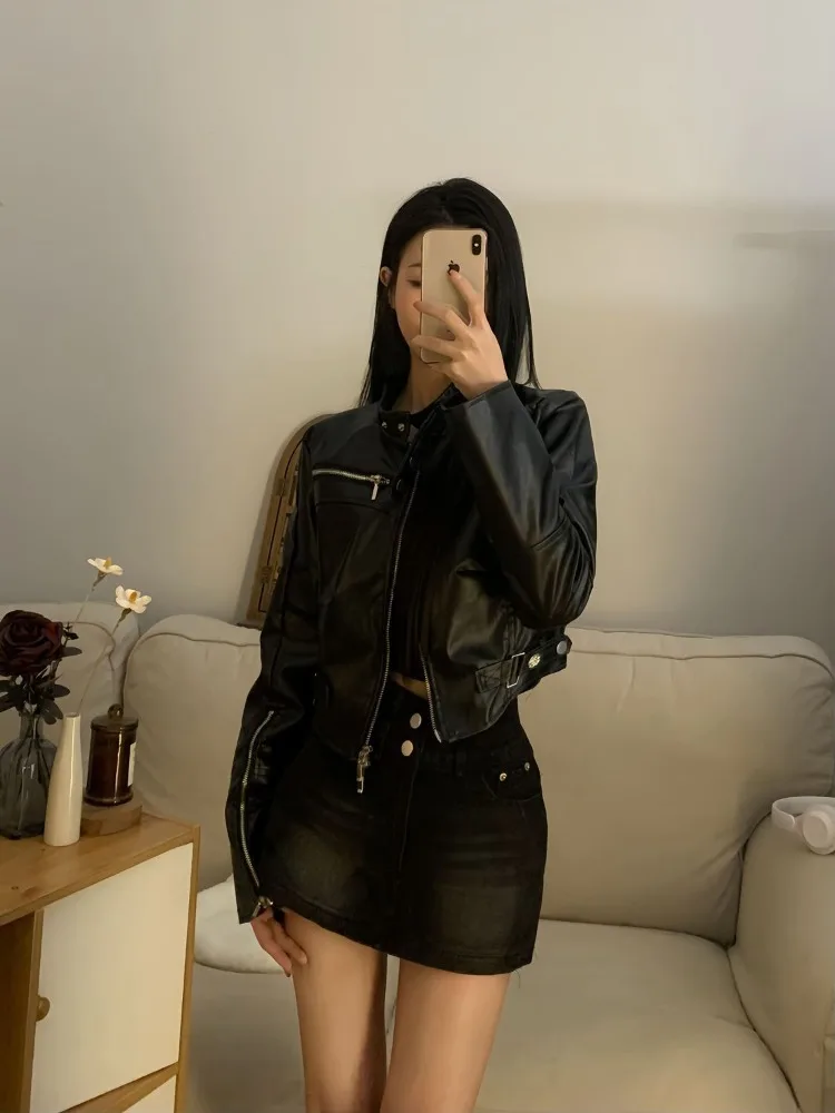黒 PU ジッパーレザージャケット女性パンクスタイル因果ファッションレザージャケット夏のストリートハイストリートヴィンテージルーズコート
