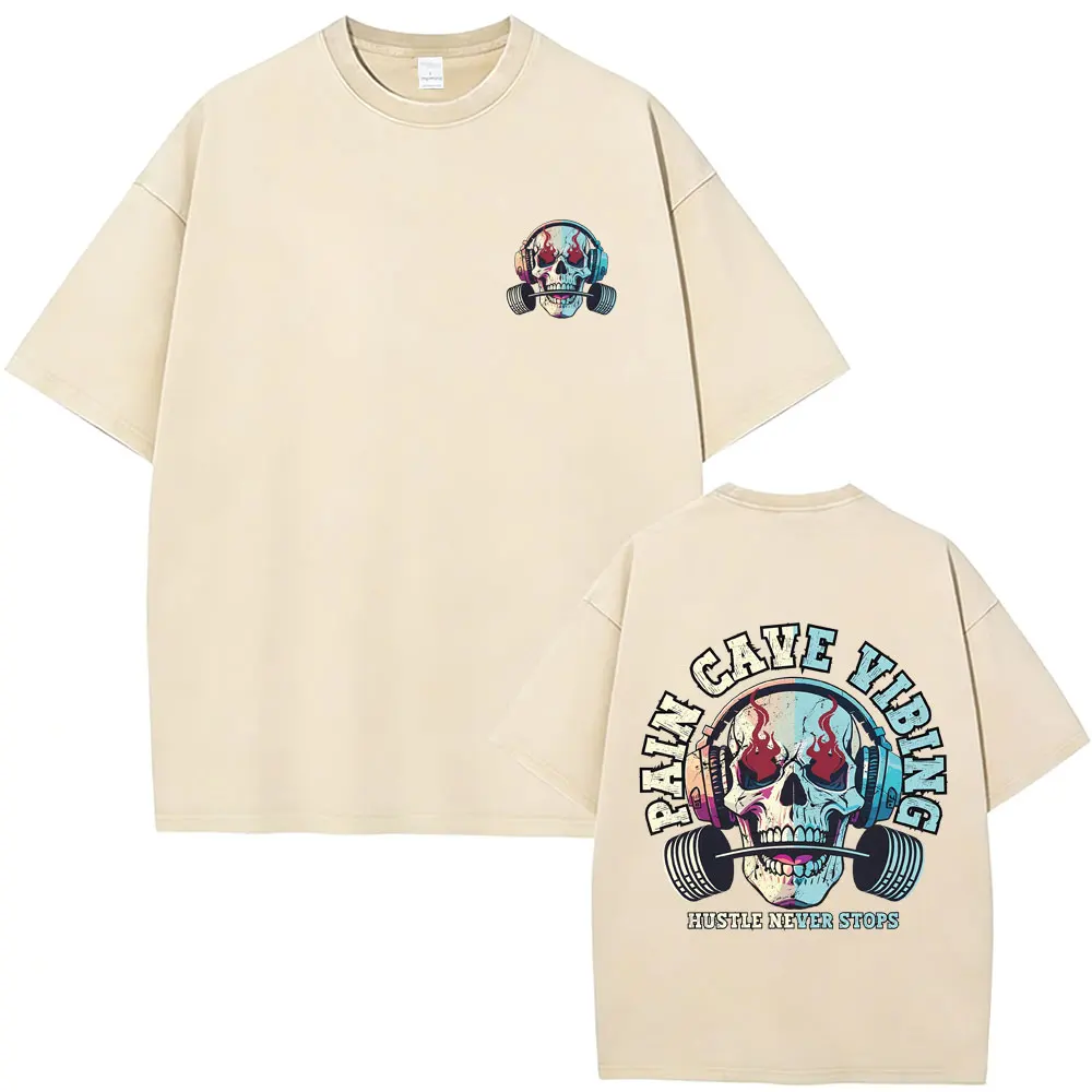 

Pain Cave Vibing Hustle Never Stops Skeleton Vintage Washed T-shirt Men Women Gym Fitness T Shirt Male Cotton Oversized T-shirts