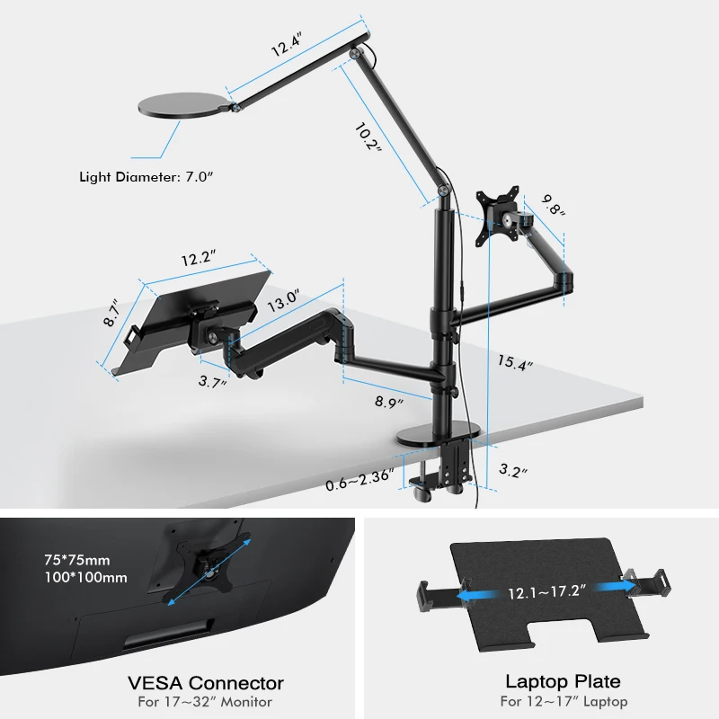 Braço de monitor de mola a gás e suporte de bandeja para laptop Suporte VESA com lâmpada LED para escritório