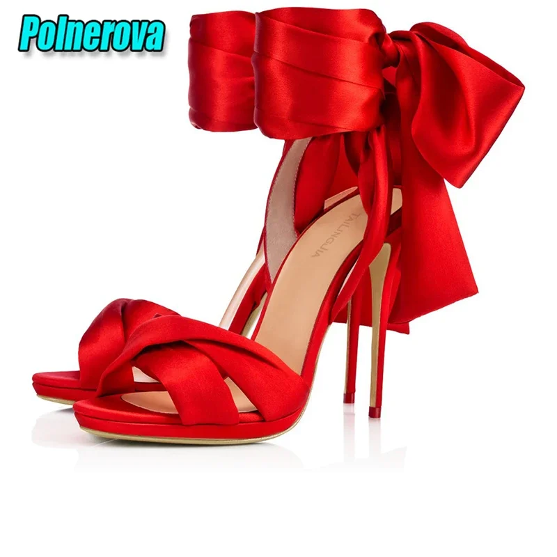 

Elegant Peep Toe Women's Sandals Satin Ankle Lace Up High Heel Shoes Summer Red Black Solid Sexy Stilettos Party Wedding Shoes
