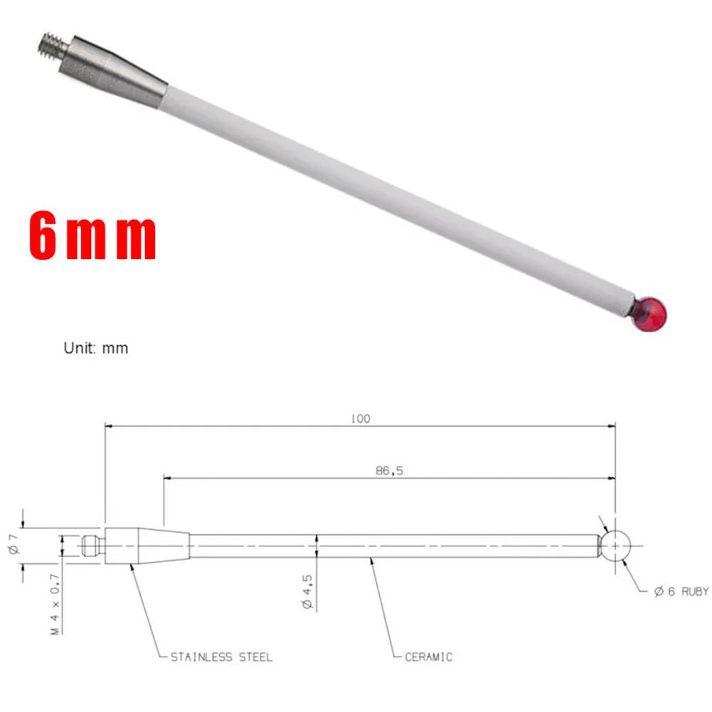 CMM Touch Probe Stylus 6mm Rubine Ball CNC Tip Ceramic Shaft A-5000-3712 CNC Probe Testing Accessories 100mm Length CMM Probe