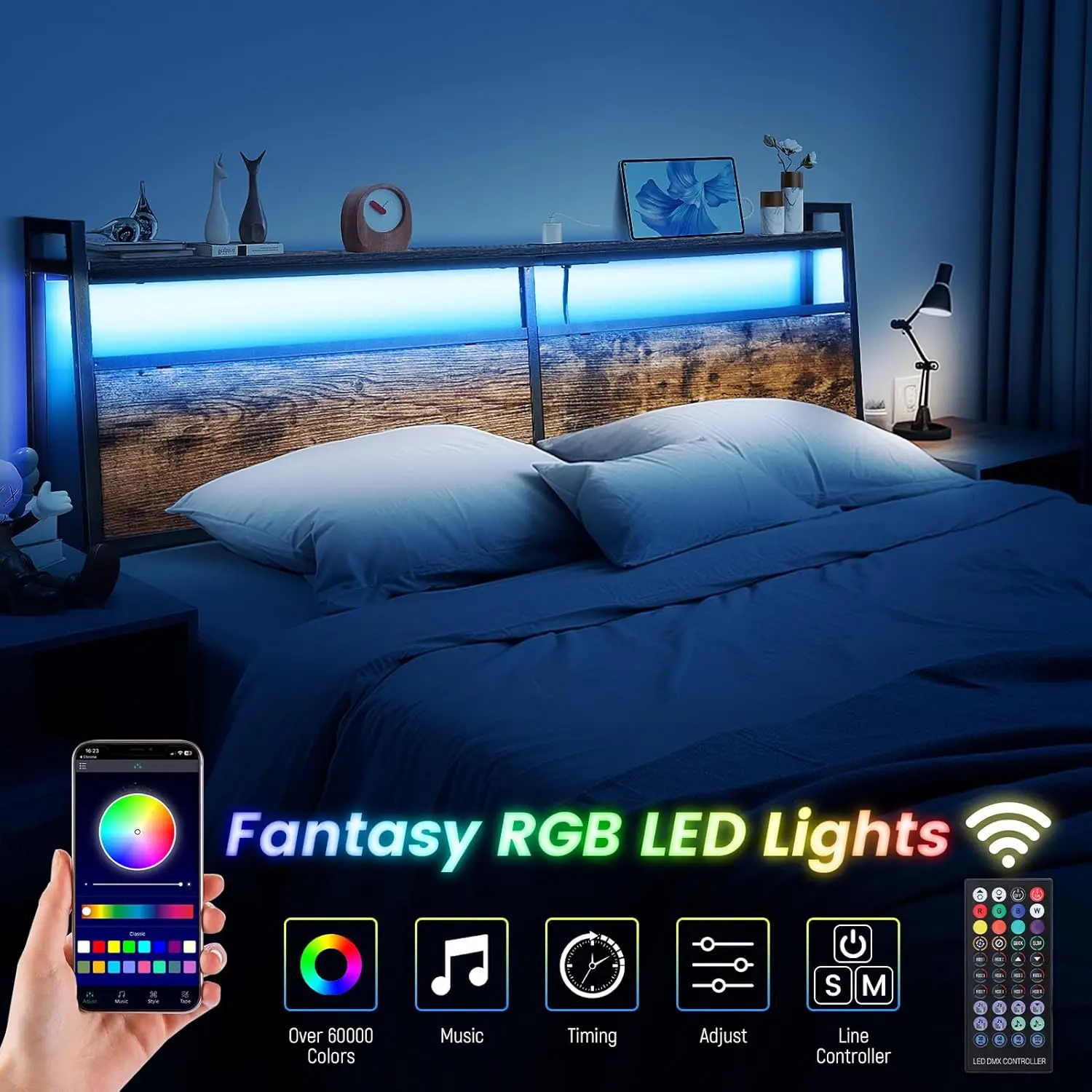 Cabecero LED tamaño Queen con 60.000 colores de luz LED, 2 salidas y 2 puertos USB + Puerto tipo C, cabecero con almacenamiento Atta