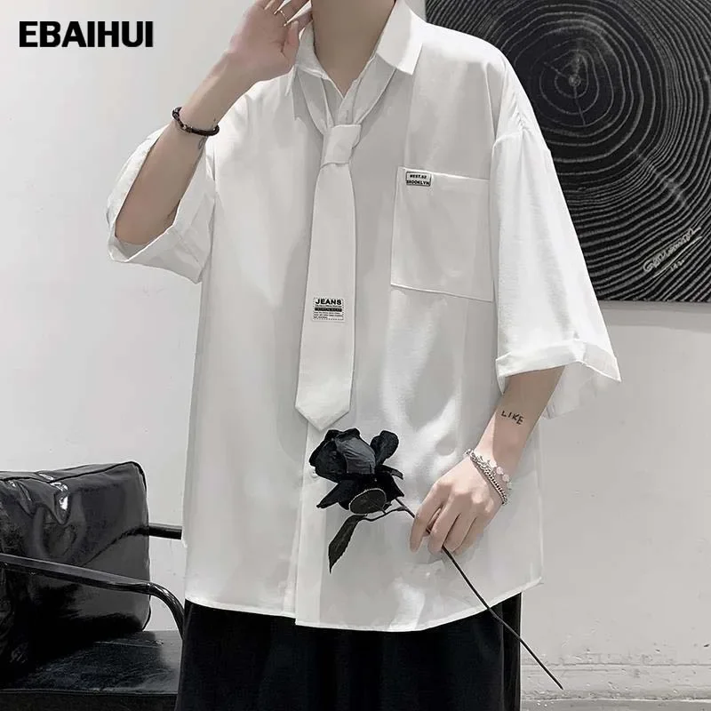 EBAIHUI Men's Solid Shirts Summer Short Shirts with Tie Male's Tops Loose Turn-down Collar Half Sleeved Casual Blouses for Male