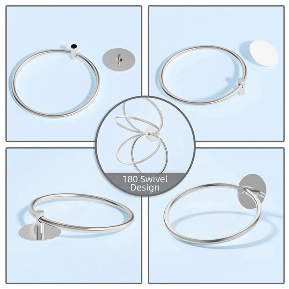 (Top DHDL)Bathroom Towel Ring Stainless Steel Bathroom Towel Rack, Adhesive Wall Mounted Hand Towels Holder, Silver