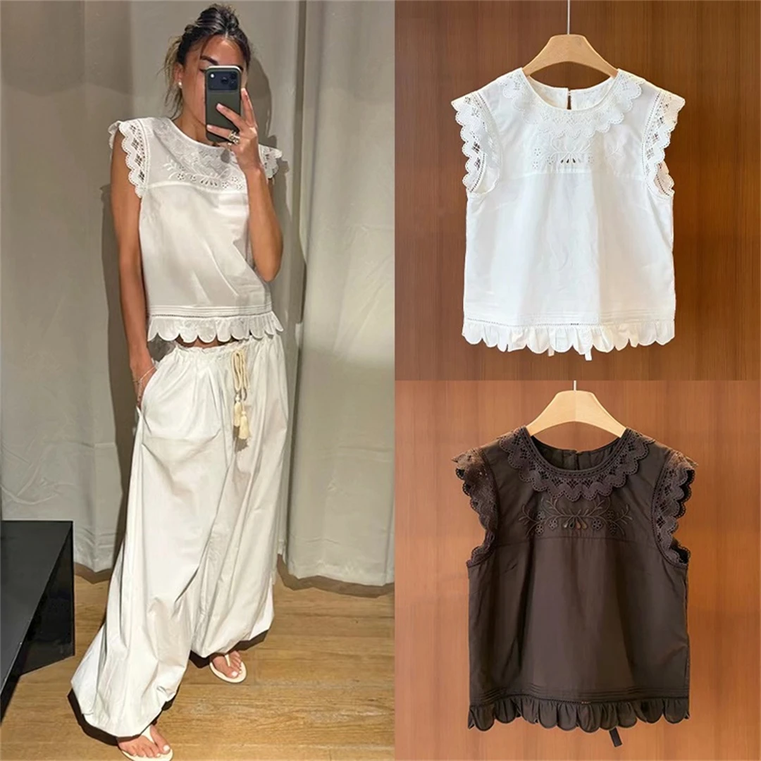 

Garme Spring 2026 Lace Sleeve Hollow out Sleeveless Shirt French Style Loose Fit Cotton round Neck Short Length Color