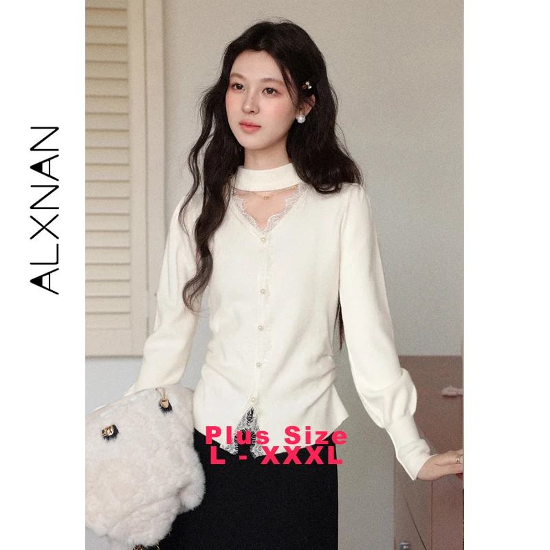 

ALXNAN Plus Size Sweater Women Hollow V-neck Lace Trim Pearl Buttons Pullovers 2025 Autumn Winter Fashion Tops Ladies D59516