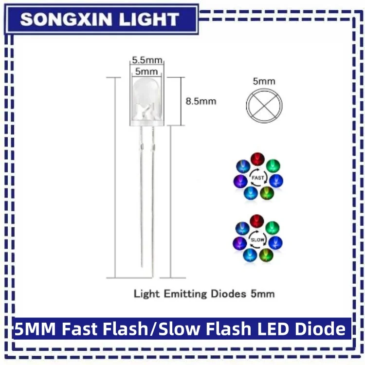 50pcs 5mm Multicolor Slow/Fast Flashing LED Diode Blinking Light Emitting Diodes 2 Pins Clear Round Lens Electronic Components