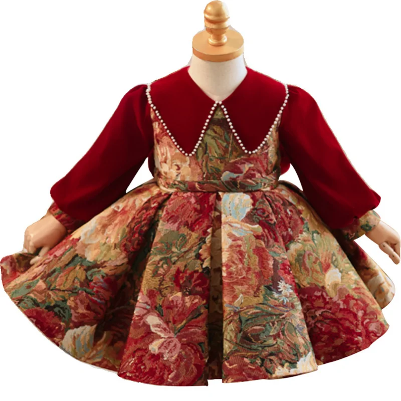 Girls\' Red New Style Long Sleeve Flower Girl Wedding Dress High-End Velvet Print Baby Dress for One Year Old Princess Dress