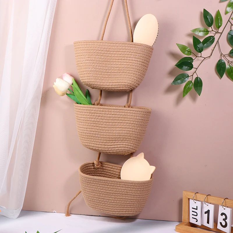 

1pc Woven Hanging Baskets Organizing 3 Tier Hanging Wall Basket Decorative Boho Wall Mounted Cotton Over Storage For Living Room