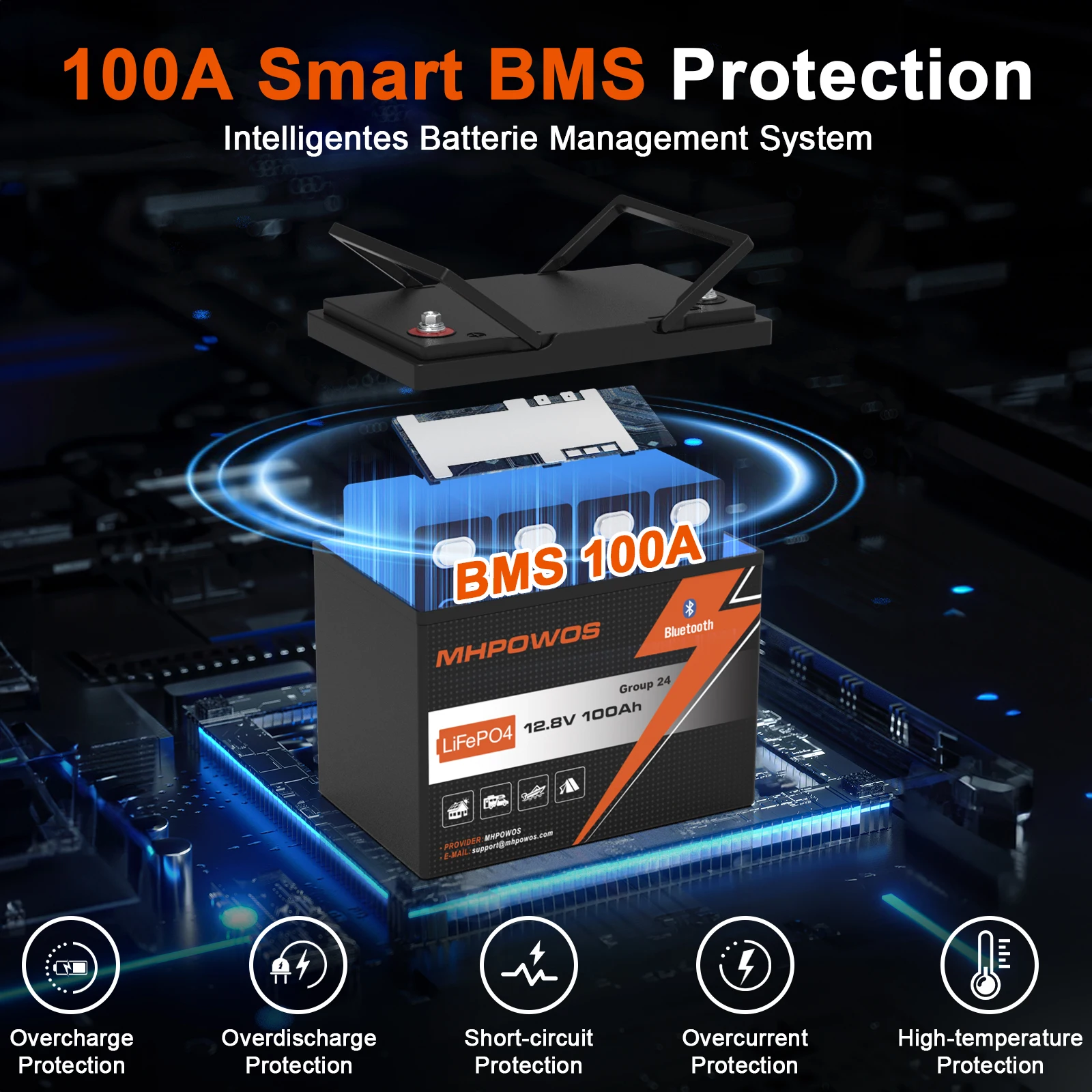 MHPOWOS LiFePO4 12V 100Ah Battery With BMS 15000 Cycles For RV/ Vans/ Camping/ Fishing/ Off Grid /Boat / Solar System