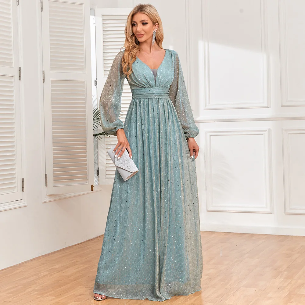 

Plus Size 2025 Elegent Shiny Pleated Long Sleeves Wedding Mother Dress/New Sparkling V-neck A-line Evening Dress1250